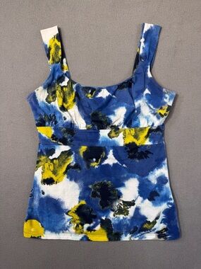 Vintage Y2K Ann Taylor Cotton Blue Floral Abstract Scoop Neck Babydoll Tank, XS